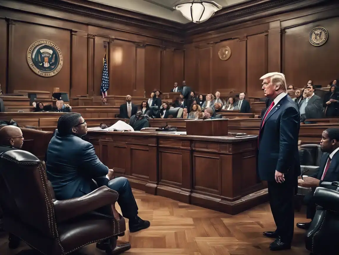 A man in a suit stands in a New Jersey courtroom, facing lawyers and judges seated at desks. The room has a wooden interior with the U.S. flag and official emblems on the wall. Spectators watch from the gallery, as news cameras capture this pivotal moment in state politics.