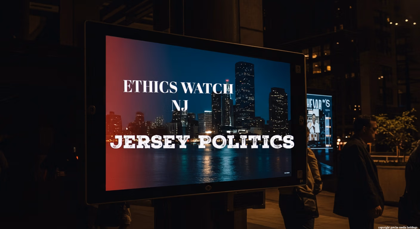 Ethics Watch NJ category, city scape with a large display showing the name Ethics Watch NJ Jersey Politics