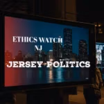 Ethicswatch logo city scape on a tv screen